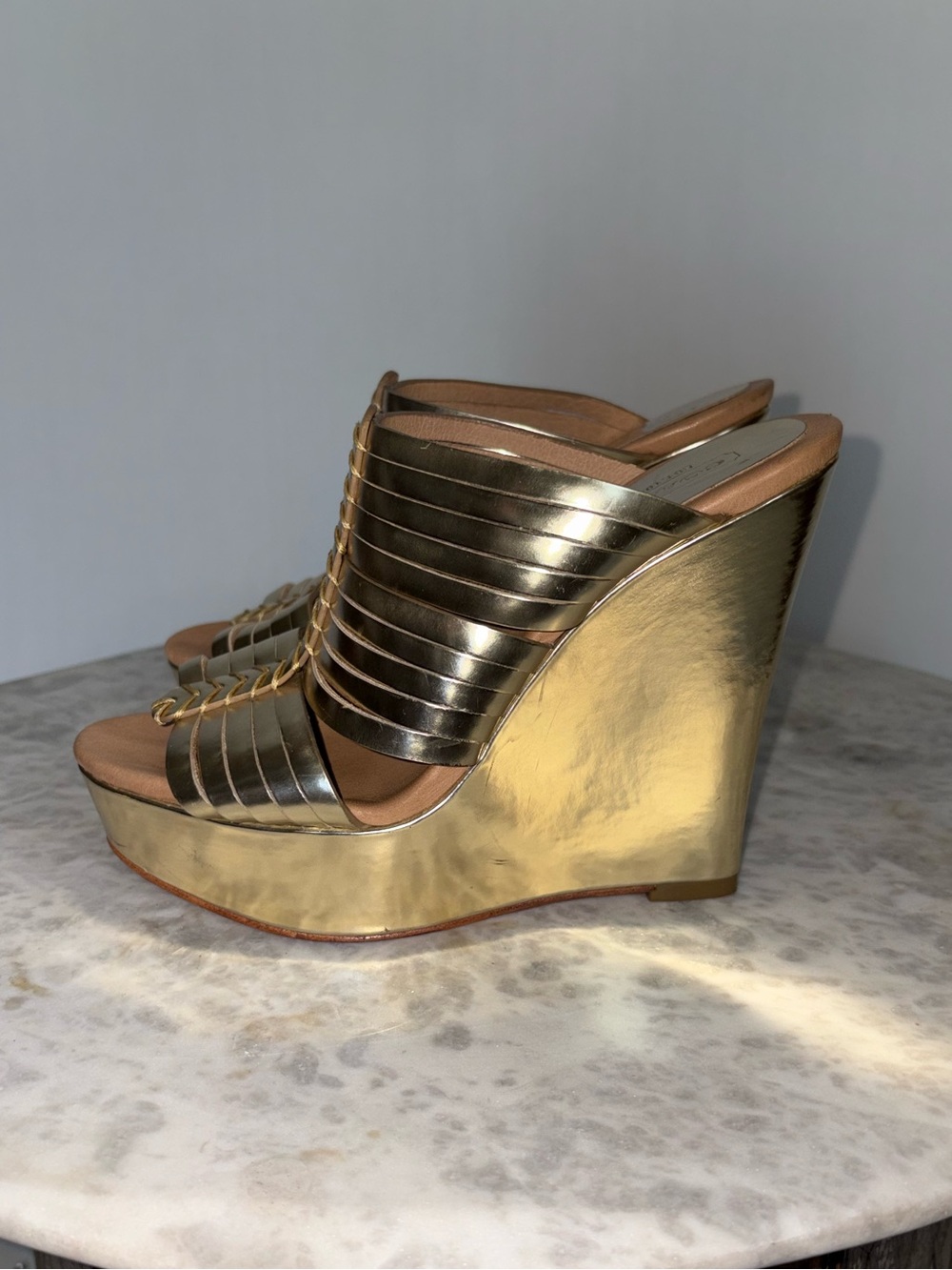 Coach Bristol Mirror Metallic Gold Wedge Slide Platform Sandals Size 6.5 - Picture 4 of 10